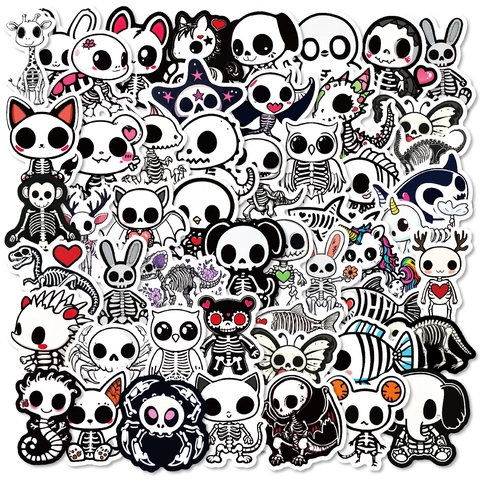 Cartoon Tier Skelett Aufkleber Schwarz Weiß Wasserdicht PVC Decals Für Laptop Telefon Gitarre Scrapbooking Halloween Geschenk