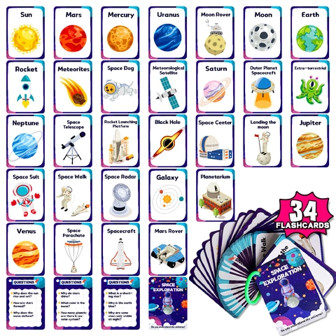 34 Fogli Esplorazione Spaziale Flashcard Educative Pianeti del Sistema Solare Carte di Apprendimento per Bambini Regalo