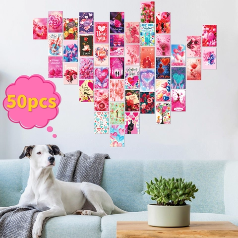 Valentine's Day Pink Heart Rose Decorative Cards Aesthetic Wall Collage Kit Cardboard Poster Set Room Decor Romantic Gift
