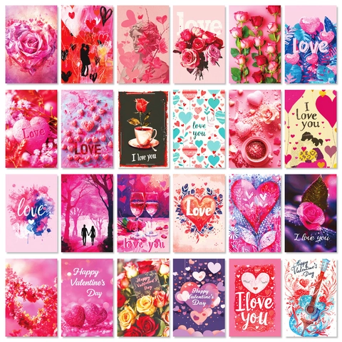 Valentine's Day Pink Heart Rose Decorative Cards Aesthetic Wall Collage Kit Cardboard Poster Set Room Decor Romantic Gift