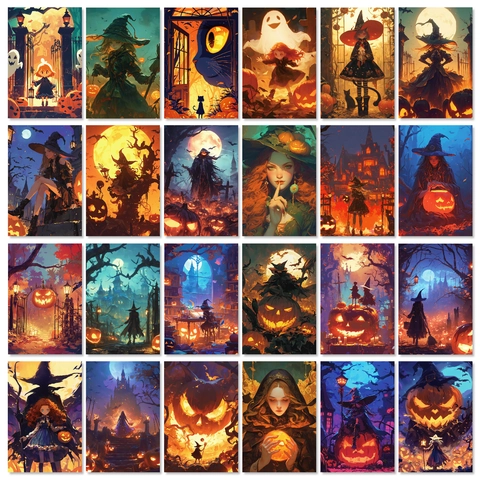 Κάρτες Διακόσμησης Τοίχου Halloween Βίντατζ Τρόμου Κρανίο Φάντασμα Κολοκύθα Εικονογράφηση Χαρτί για Διακόσμηση Σπιτιού Πάρτι
