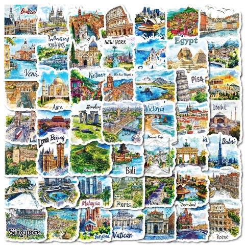Watercolor World Travel Landmarks Map Waterproof Cartoon Stickers For Suitcase Laptop Journal Scrapbook DIY Decoration