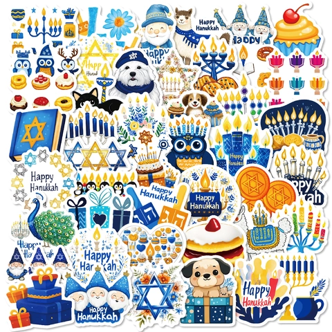Autocollants Hanoucca Bleu Or Ménorah Étoile De David Animaux Dessin Animé Imperméable Vinyle Pour Décoration Fête