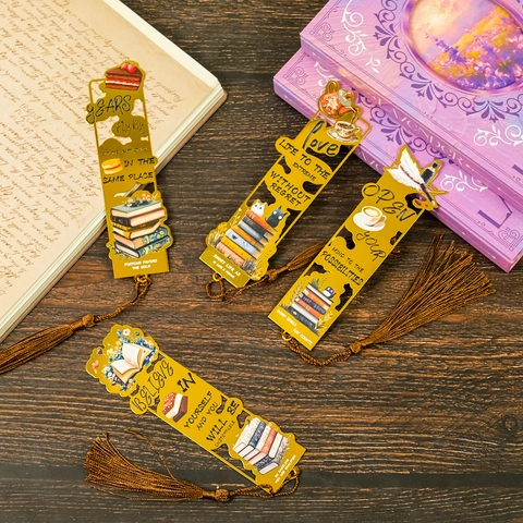 Hollow Metal Bookmarks With Tassels Vintage Gold Cat Coffee Books Patterns Inspirational Quotes Artistic Literature Students Gift