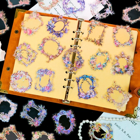 Vintage PET Floral Wreath Stickers Laser Cold Stamping Decorative Frame Decals For Scrapbooking DIY Journaling Arts Crafts