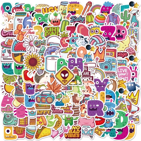 Mixed Cartoon Stickers Waterproof PVC Vinyl Doodle Decals For Laptop Suitcase Skateboard Water Bottle Guitar For Kids Teens