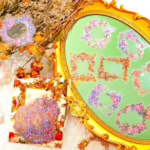 Vintage PET Floral Wreath Stickers Laser Cold Stamping Decorative Frame Decals For Scrapbooking DIY Journaling Arts Crafts