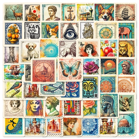Vintage Postage Stamp Decorative Stickers Waterproof PVC Art Decals For Scrapbooking Laptop Journaling Luggage Phone Case DIY Decor