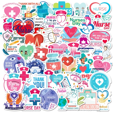 Waterproof International Nurse Day Cartoon Graffiti Stickers Medical Theme Nurse Hat Stethoscope Heart Decals For Laptop Water Bottle Laptop Decor Gift