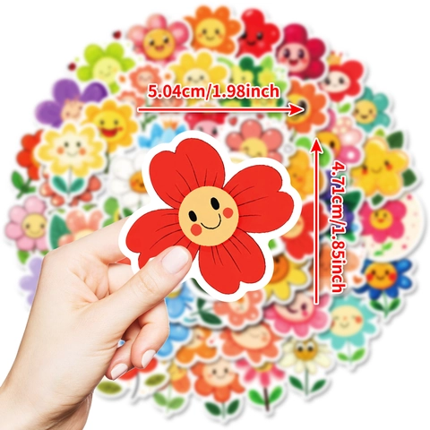 Adesivi Colorati a Forma di Fiore con Faccina Sorridente Kawaii Decalcomanie in PVC Impermeabile per Cellulare Laptop Valigia Fai Da Te