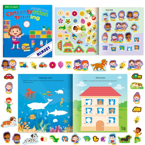Kids Concentration Training Sticker Book Early Educational Activity Toy Toddlers Reusable Cartoon Animal Learning Paper Book