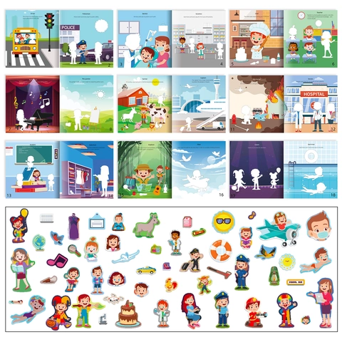 Children Career Recognition Sticker Book Educational Concentration Training Reusable Cartoon Stickers For Kids Early Learning Toy