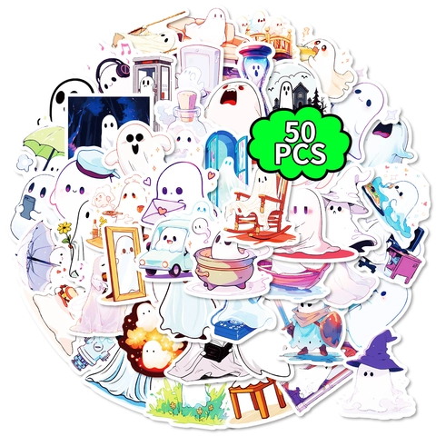 Cute White Ghost Stickers Waterproof Cartoon Vinyl Decals For Laptop Water Bottle Phone Scrapbooking Halloween Decor Gift
