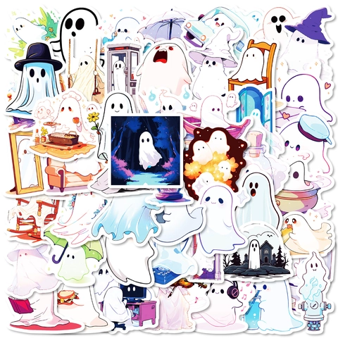 Cute White Ghost Stickers Waterproof Cartoon Vinyl Decals For Laptop Water Bottle Phone Scrapbooking Halloween Decor Gift