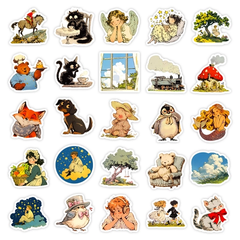 Retro Pastoral Illustration Stickers Waterproof PVC Decals For Laptop Helmet Luggage DIY Decoration Kids Gift Collection