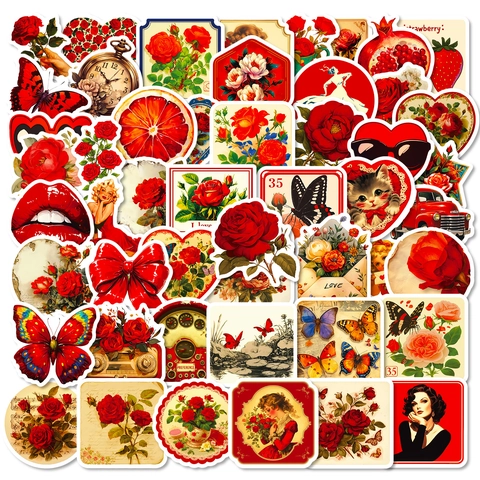 Pegatinas de Rosas Rojas Vintage Estética Floral Mariposa Corazón Calcomanías Para Scrapbooking Diario Laptop Decoración DIY Artesanía