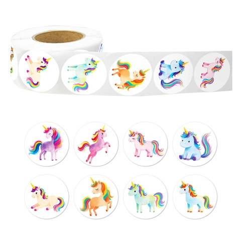 Mehrfarbige Cartoon Einhorn Dekorative Rollen Aufkleber Runde Aquarell Stil Etiketten Für Umschläge Zeitschriften Basteln Geschenke