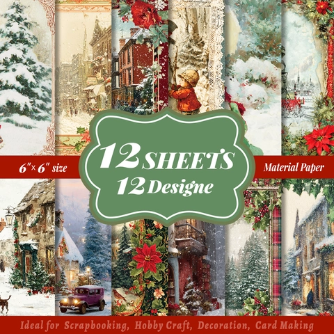 12 Sheets Victorian Winter Scrapbook Paper Vintage Christmas Snow Scene Portraits Craft Material Paper For DIY Journaling Decor