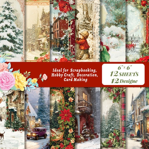 12 Sheets Victorian Winter Scrapbook Paper Vintage Christmas Snow Scene Portraits Craft Material Paper For DIY Journaling Decor