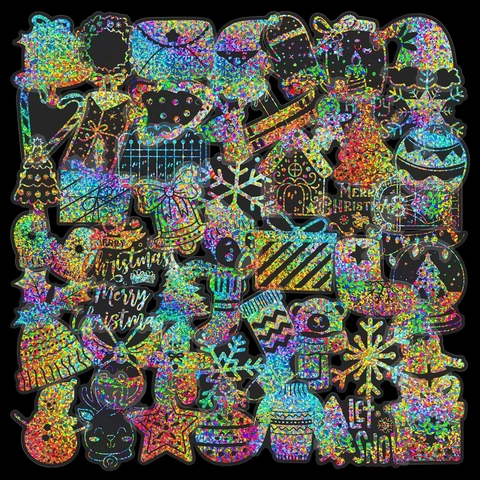 Holographic Christmas Stickers Waterproof PET Decorative Decals For Scrapbooking Journaling DIY Crafts Holiday Supplies