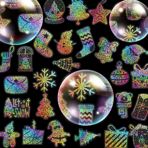 Holographic Christmas Stickers Waterproof PET Decorative Decals For Scrapbooking Journaling DIY Crafts Holiday Supplies