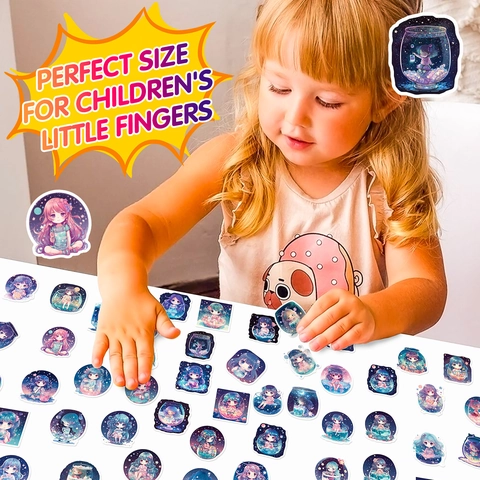 Autocollants en PVC Imperméables Fille Ciel Étoilé Onirique pour Gourde Téléphone Portable Laptop Scrapbook Déco Fille