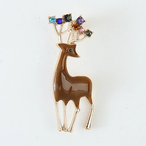 Broche élan en Alliage Émaillé Strass Multicolore épingle Animalier Plaqué Or Bijoux Vintage pour Femme Cadeau Accessoire