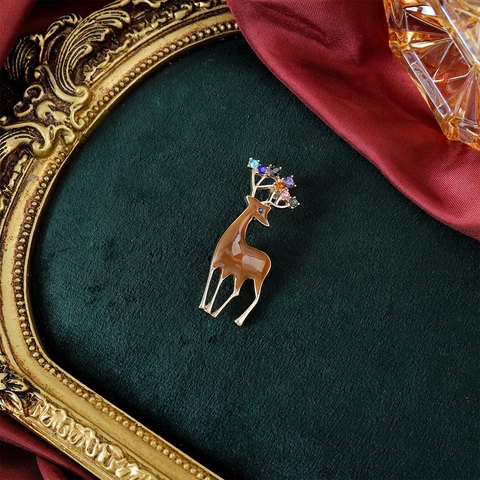 Broche élan en Alliage Émaillé Strass Multicolore épingle Animalier Plaqué Or Bijoux Vintage pour Femme Cadeau Accessoire
