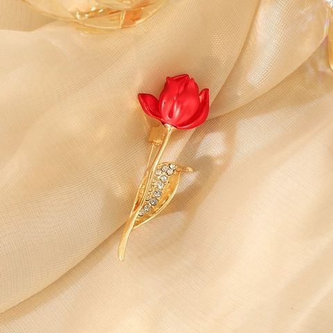 Vintage Red Rose Tulip Flower Brooch Alloy Rhinestone Inlaid Elegant Floral Breastpin For Women Suit Coat Jewelry Gift