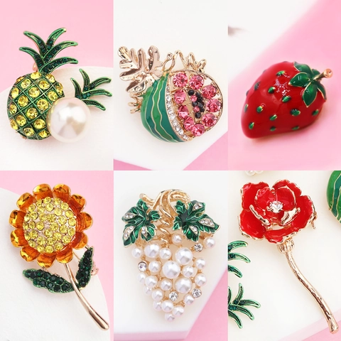 Broche de Esmalte de Frutas de Estilo Coreano para Mujer Aleación Diamantes de Imitación Perla de Imitación Uva Piña Floral Corsé Broches Accesorios para Suéter