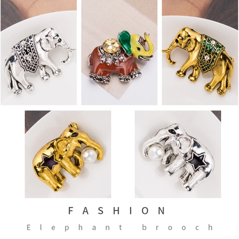 Vintage Alloy Elephant Brooch With Enamel Rhinestone Faux Pearl Retro Animal Lapel Pin For Women Men Fashion Jewelry Gift