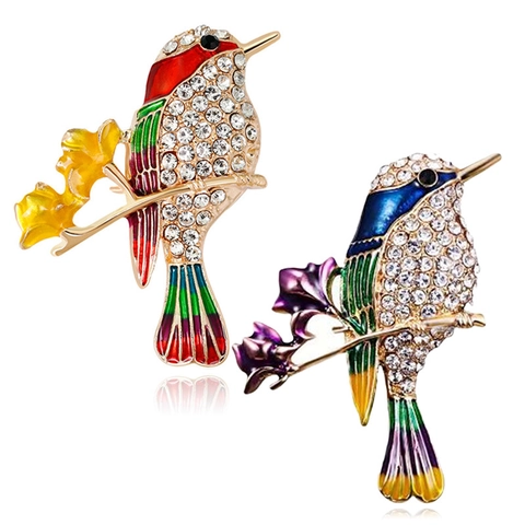 Fashion Alloy Enamel Bird Brooch With Colorful Rhinestone Flower Branch Vintage Animal Lapel Pin For Women Men Jewelry Gift
