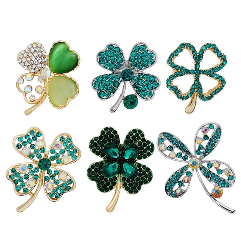 Elegant Four Leaf Clover Brooch Pin Alloy Green Rhinestone Crystal Flower Brooch For Women Party Wedding Fashion Jewelry Accessories