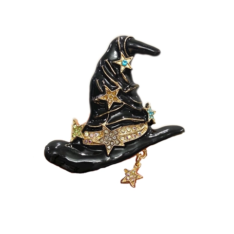 Spilla Vintage Halloween Cappello da Strega Mago in Lega con Strass Smalto Nero Oro Stella Ciondolo Pin per Donna Uomo Gioielli Festa