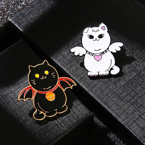 Mignon Ensemble de Broches en Émail Chat Ange Diable Dessin Animé Badge Animal en Alliage pour Décoration de Sac à Dos