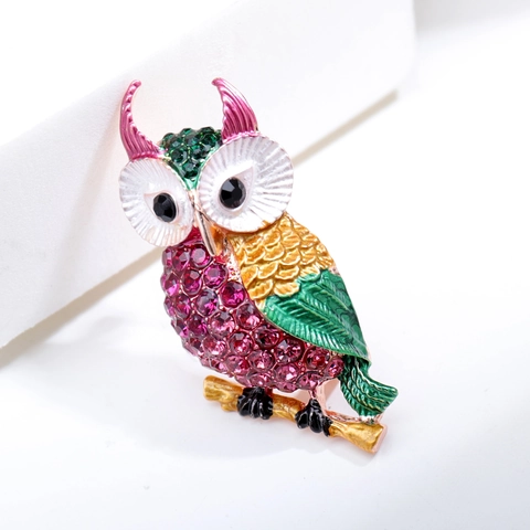 Vintage Alloy Rhinestone Owl Brooch Colorful Enamel Animal Pin For Women Fashion Suit Accessories Decorative Jewelry Gift