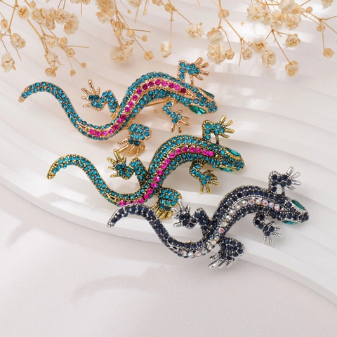 Vintage Alloy Lizard Gecko Brooch With Colorful Rhinestone Animal Pins For Banquet Unisex Fashion Accessory Jewelry