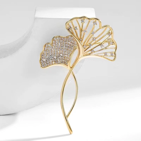 Elegante Spilla in Lega di Foglia di Ginkgo Con Strass Intarsiati Oro Argento Spilla per Donna Accessori per Cappotto Abito