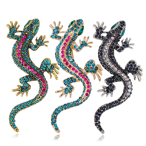 Vintage Alloy Lizard Gecko Brooch With Colorful Rhinestone Animal Pins For Banquet Unisex Fashion Accessory Jewelry