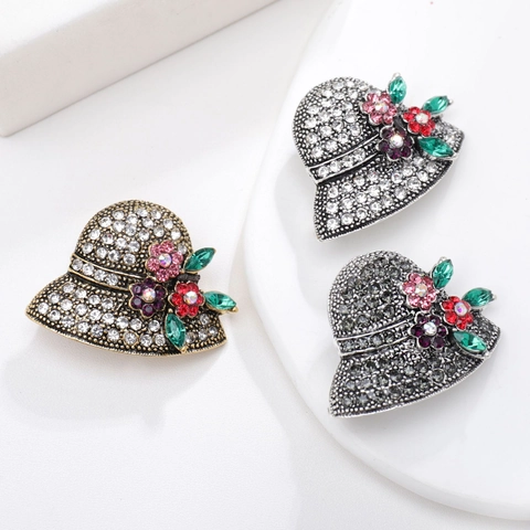 Spilla Vintage a Forma di Cappello in Lega per Donna Pieno Strass Fiore Cappello di Paglia Spilla da Risvolto Smalto Gioielli