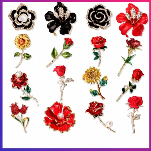 Vintage Alloy Flower Brooch Pin For Women Rose Sunflower Camellia Maple Leaf Rhinestone Artificial Pearl Enamel Floral Jewelry Gift