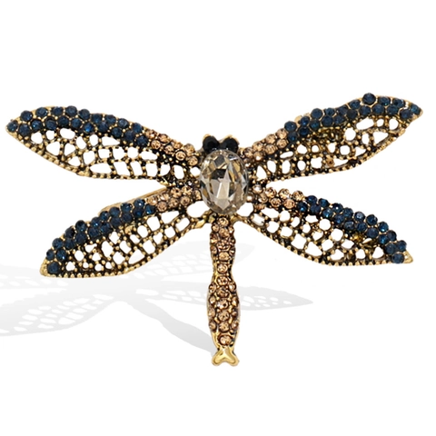 Vintage Gold Dragonfly Brooch For Women Luxury Blue Champagne Rhinestone Insect Pin For Suits Accessories Jewelry