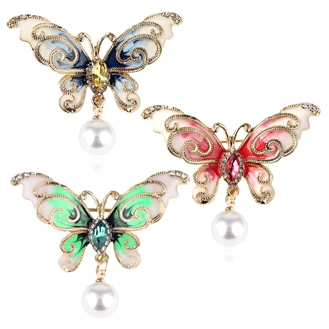 Vintage Legierung Schmetterling Brosche Emaille Strass Künstliche Perlenimitat Anhänger Pins Elegante Hochzeit Anzug Dekoration Damen Schmuck