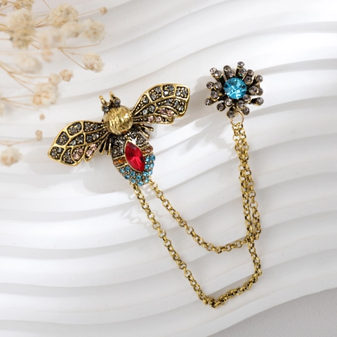 Spilla Doppia in Lega Vintage Ape Fiore Con Catena Strass Cristallo Colorato Spilla da Corsage per Gioielli Unisex Festa Banchetto