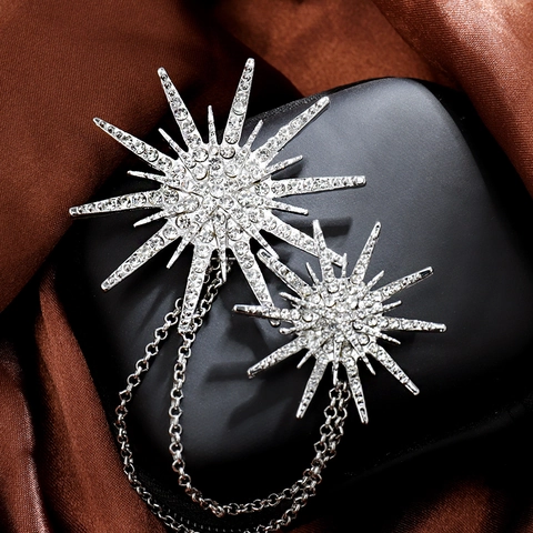 Broche de Cadena de Copo de Nieve de Estrella Vintage Con Strass Aleación Oro Plata Doble Estrella Pin de Solapa para Mujer Joyería de Fiesta