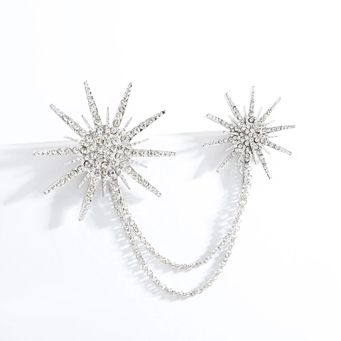 Broche de Cadena de Copo de Nieve de Estrella Vintage Con Strass Aleación Oro Plata Doble Estrella Pin de Solapa para Mujer Joyería de Fiesta
