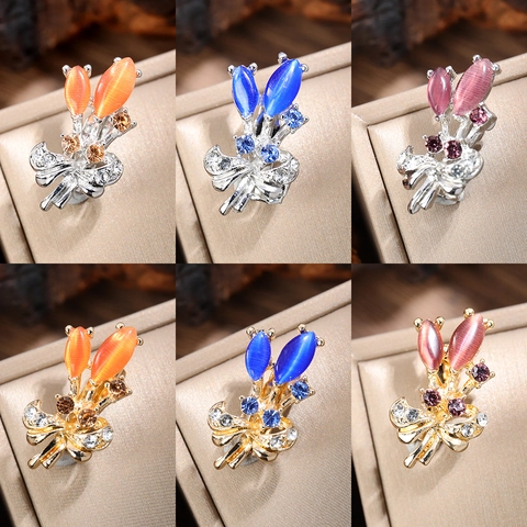 Vintage Alloy Tulip Brooch With Cat Eye Stone Rhinestone Embellished Flower Scarf Buckle Pin For Women Elegant Jewelry Gift