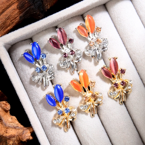 Vintage Alloy Tulip Brooch With Cat Eye Stone Rhinestone Embellished Flower Scarf Buckle Pin For Women Elegant Jewelry Gift
