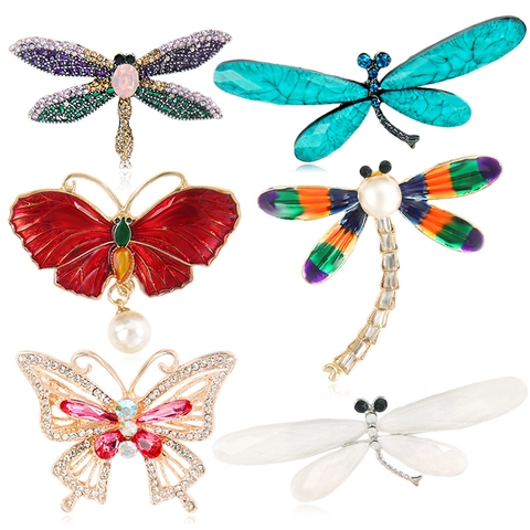Vintage Legering Libel Vlinder Broche Strass Emaille Kunstparel Kleurrijke Insect Borstspeld Voor Vrouwen Sieraden
