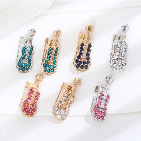 Elegante Broche de Instrumento Musical de Aleación de Strass Forma de Violín Guitarra Insignia de Corsage de Cristal Brillante para Banquete de Boda Joyería Unisex Regalo